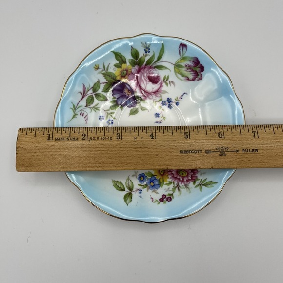 Vtg Queen Anne Cup Saucer Turquoise Blue Floral Cabbage Rose Footed Gold Trim - Picture 11 of 12